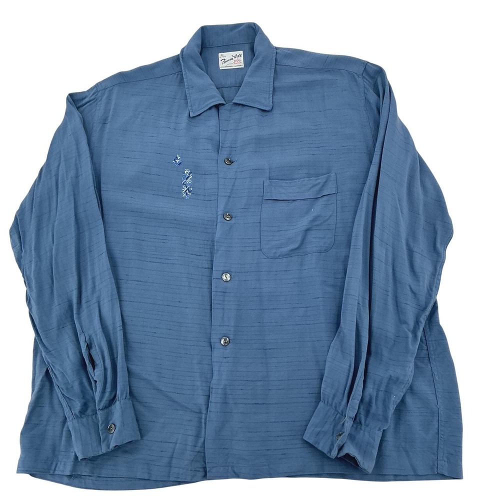 Vintage 1950s Beacon Hill Shirt Mens L Blue Slub Rayon Rockabilly Loop Collar